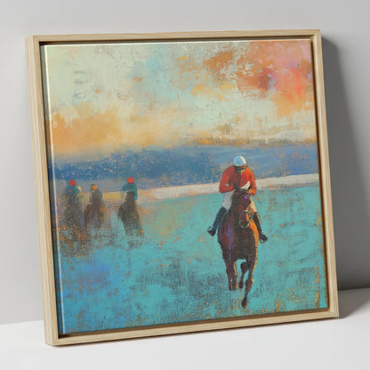 The Front Runner racing horse canvas wall art in natural frame