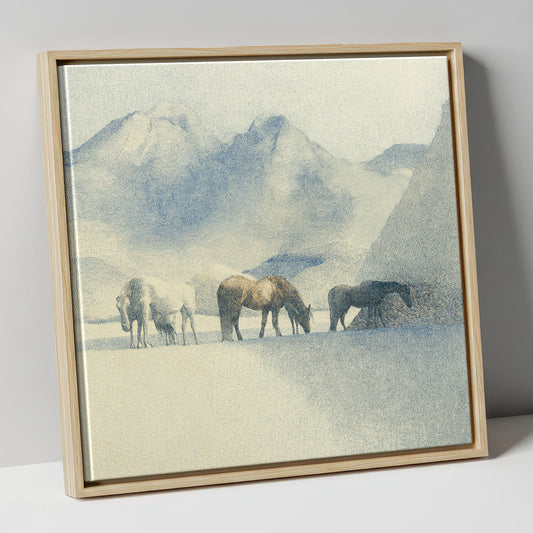 Tranquil Mountain Pasture horse landscape canvas wall art in natural frame