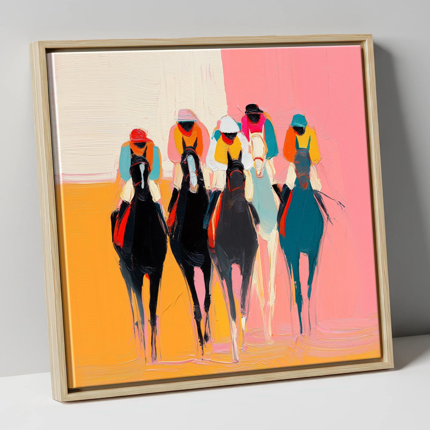 Charge to the Line racing horse canvas wall art in natural frame