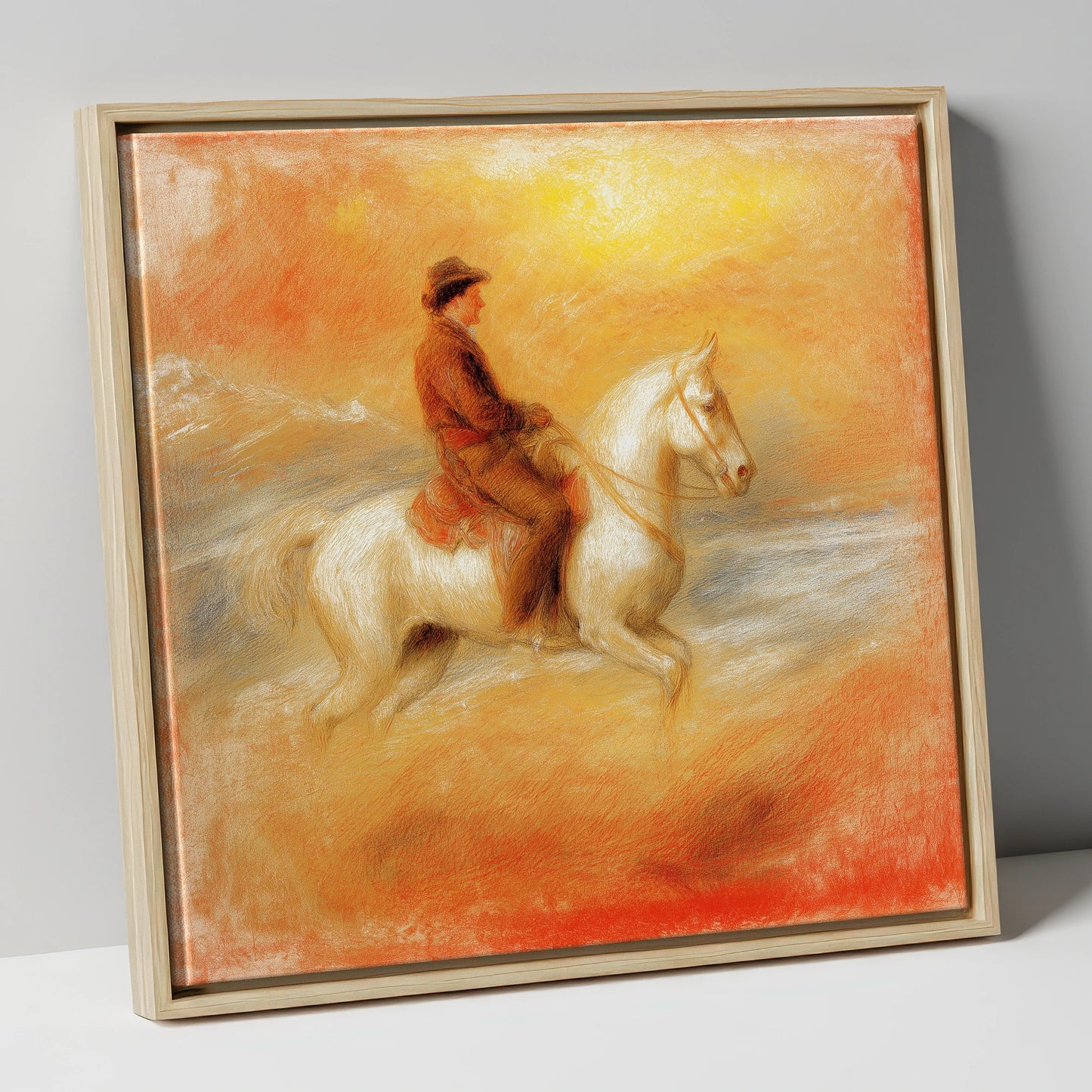Sundown on the Plains western horse canvas wall art in natural frame