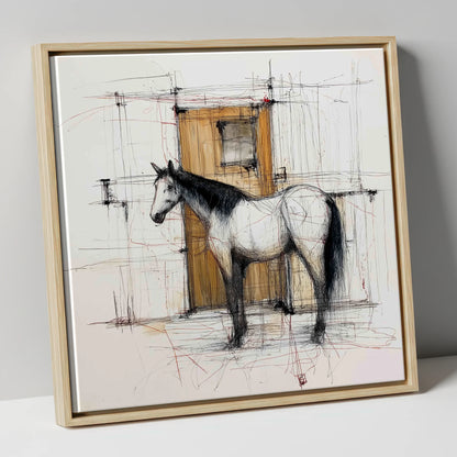 Waiting At The Stable Door horse stable canvas wall art in natural frame