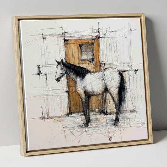 Waiting At The Stable Door horse stable canvas wall art in natural frame