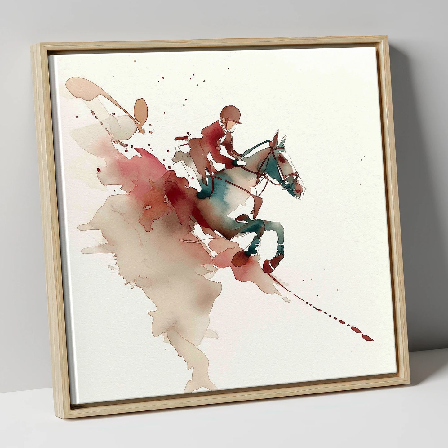 Suspended Momentum show jumping horse canvas wall art in natural frame