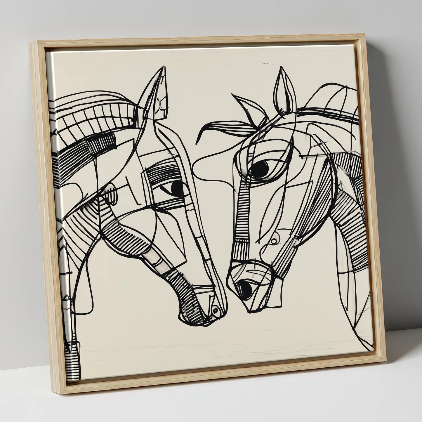 Linear Equine Connection horse portrait canvas wall art in natural frame
