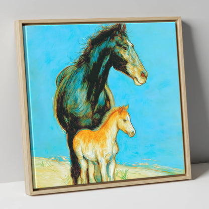Cerulean Bond mare & foal canvas wall art in natural frame