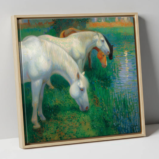 Luminous Riverside Grazing horse landscape canvas wall art in natural frame