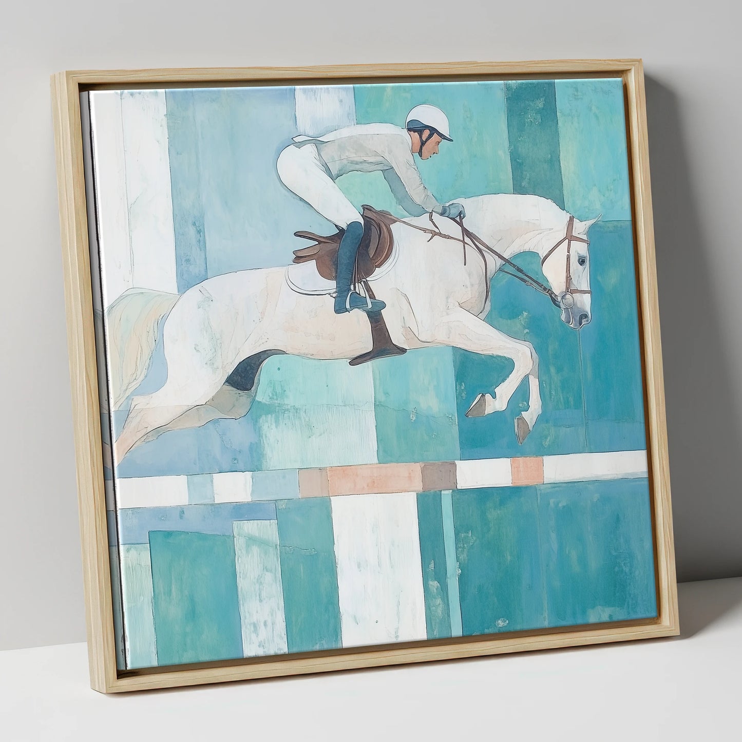 Aquamarine Ascent show jumping horse canvas wall art in natural frame