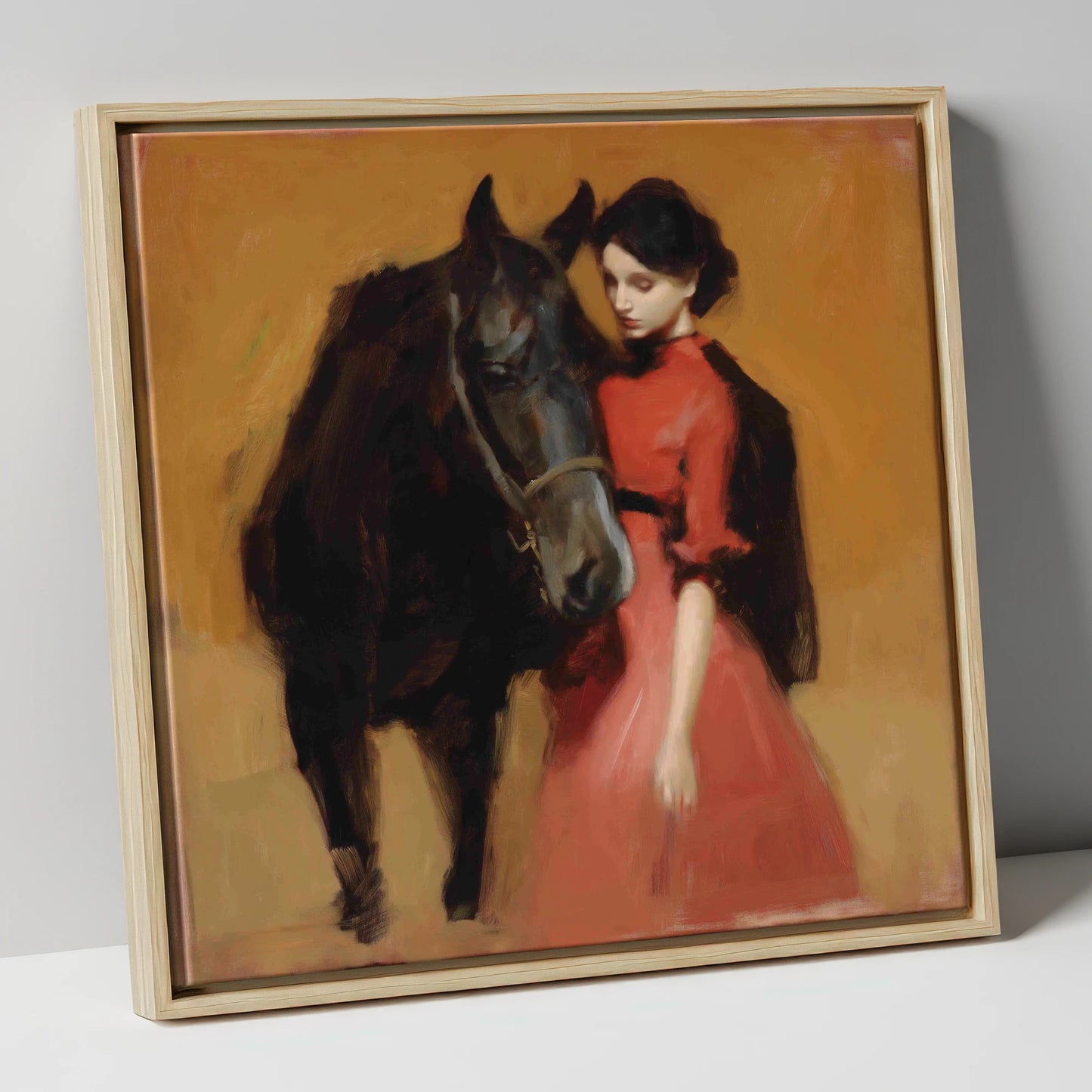 Crimson and Shadow horse & rider canvas wall art in natural frame