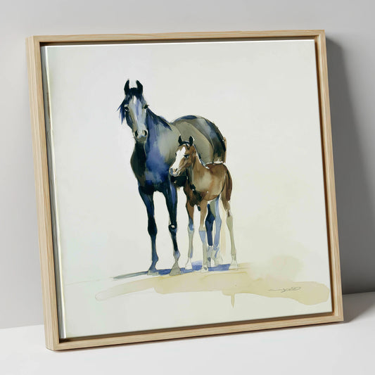 Watchful Bond mare & foal canvas wall art in natural frame