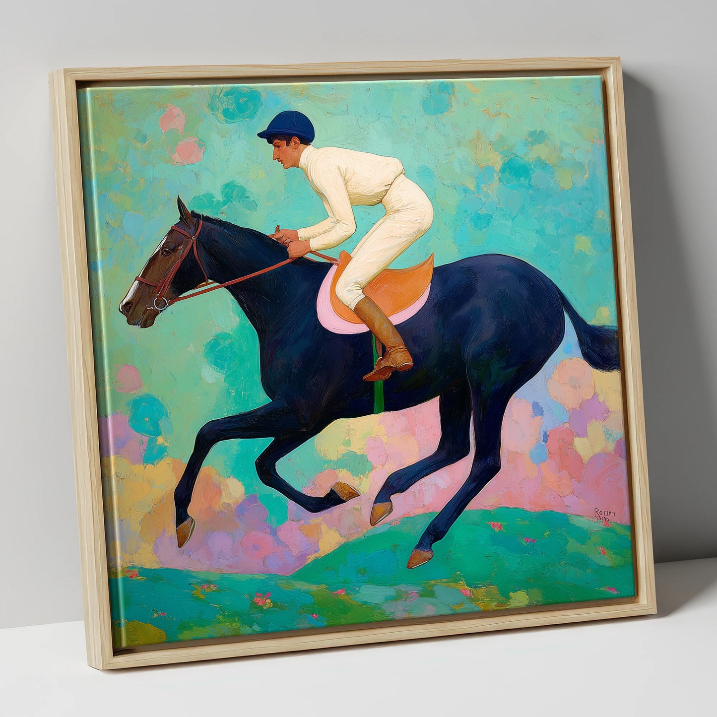 The Indigo Gallop racing horse canvas wall art in natural frame