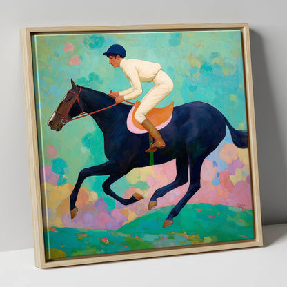 The Indigo Gallop racing horse canvas wall art in natural frame