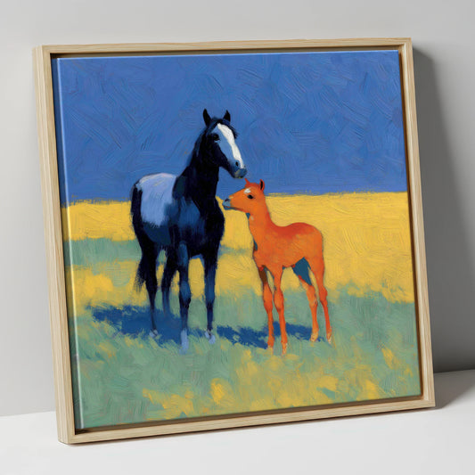 Azure Summer Bond mare & foal canvas wall art in natural frame