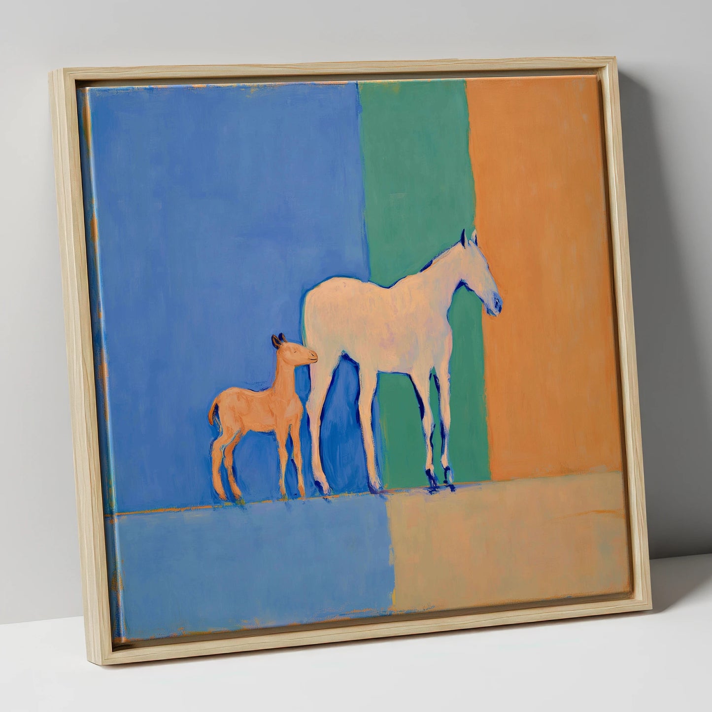 Cobalt and Terracotta Bond mare & foal canvas wall art in natural frame