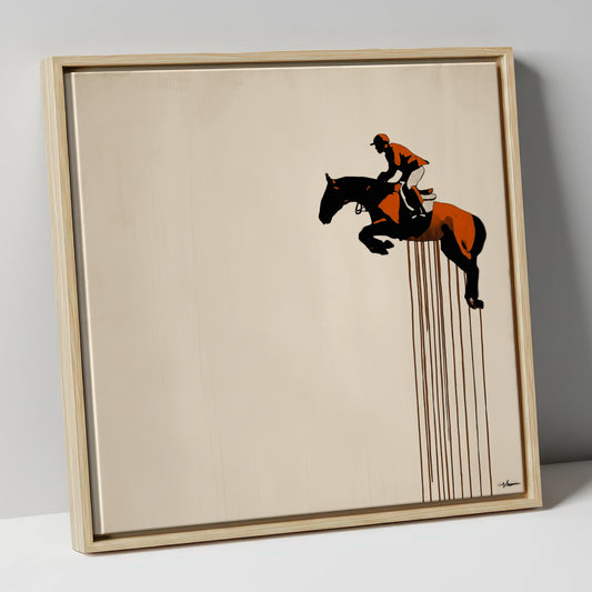 Suspended Flight show jumping horse canvas wall art in natural frame
