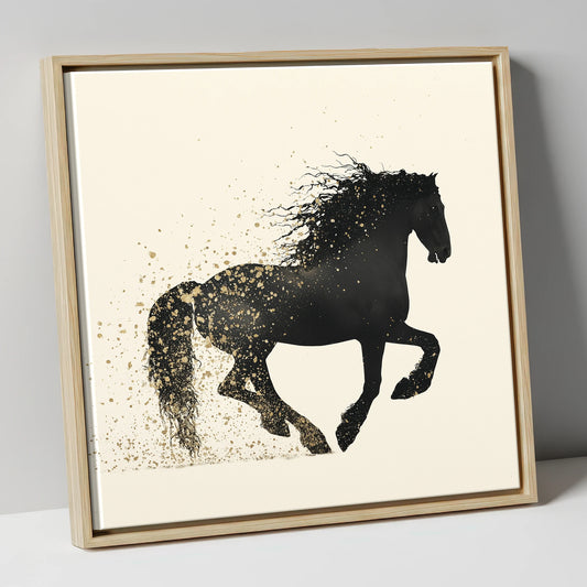 Midnight Gold Friesian horse breed canvas wall art in natural frame