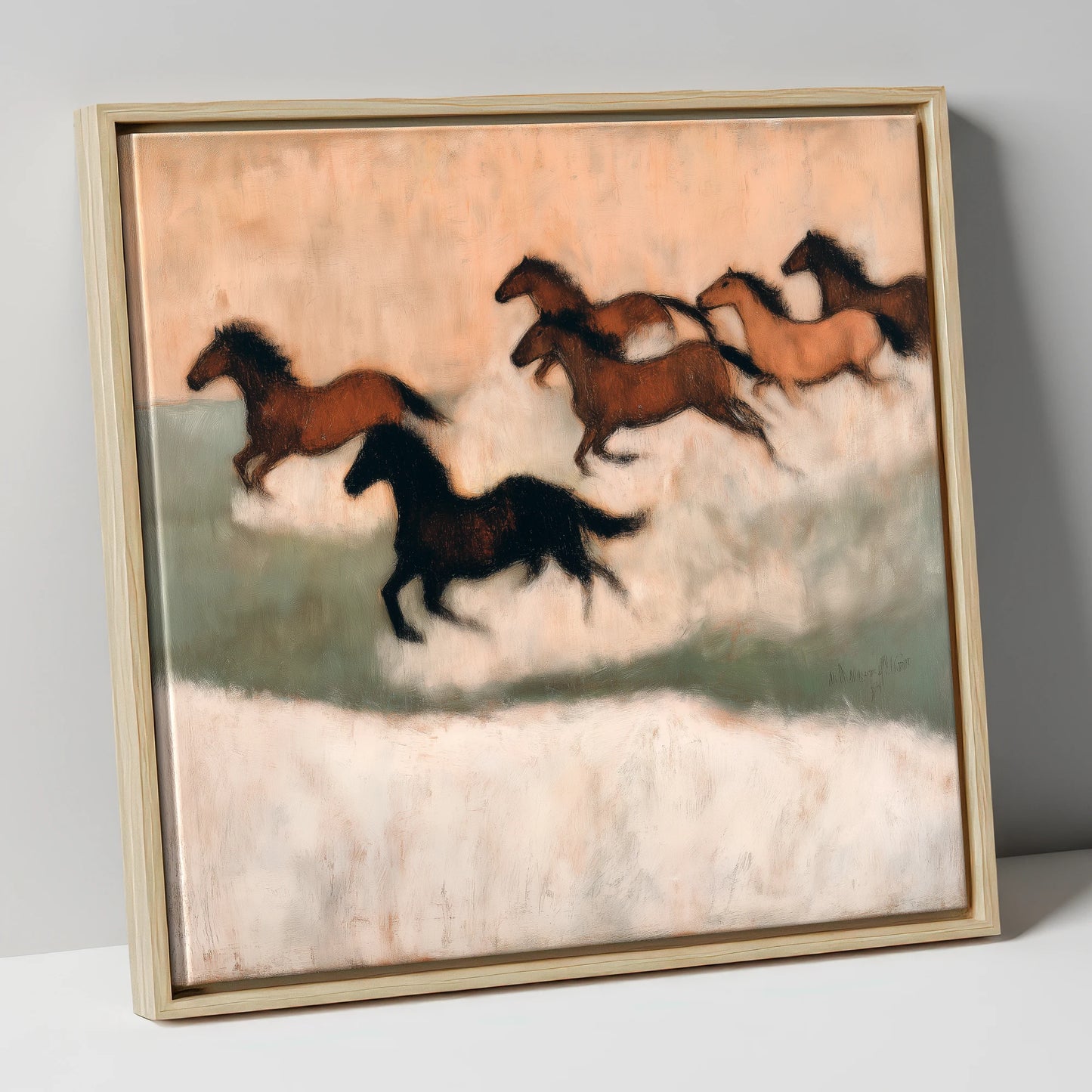 Through the Winter Haze wild horses canvas wall art in natural frame