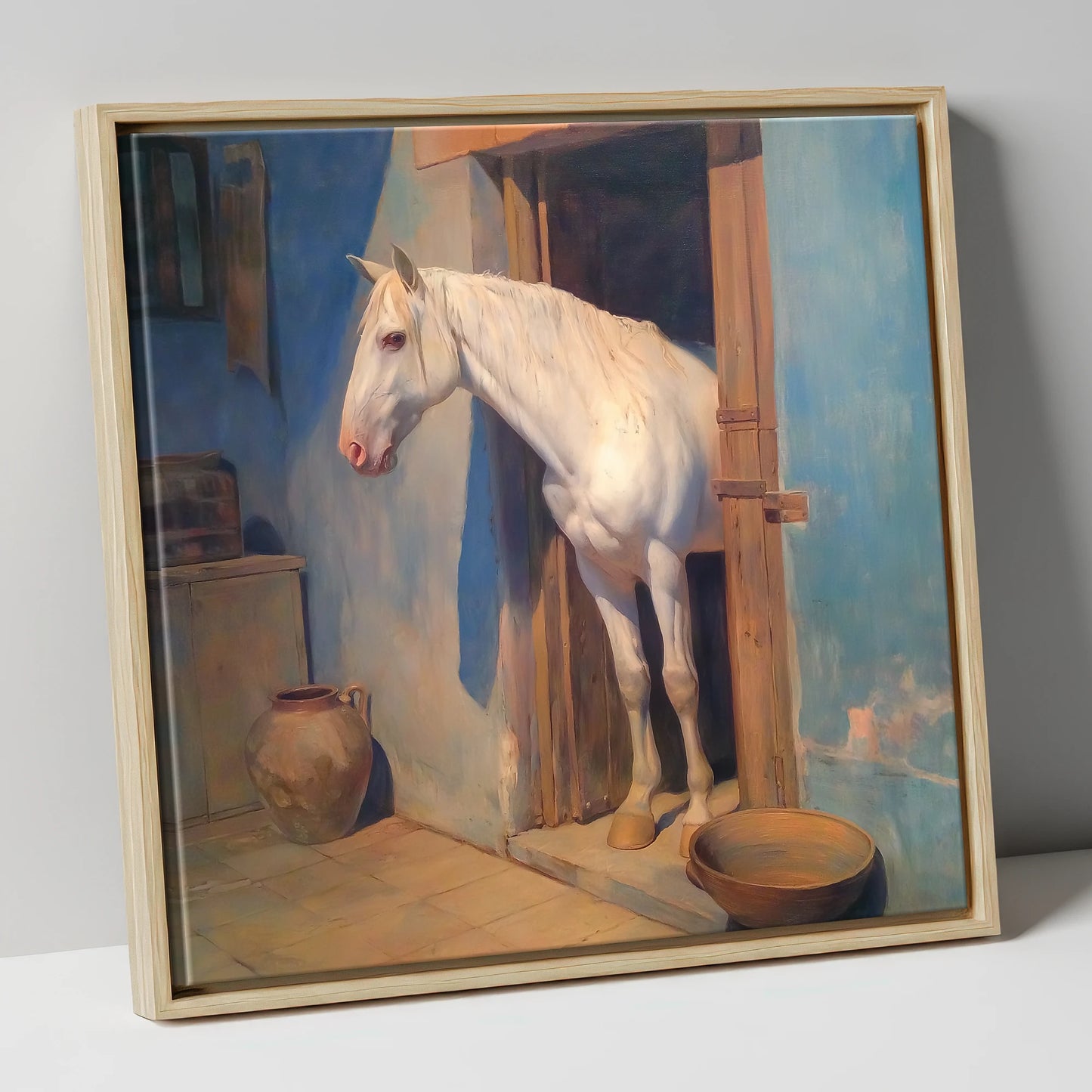 The Blue Stable Door horse stable canvas wall art in natural frame