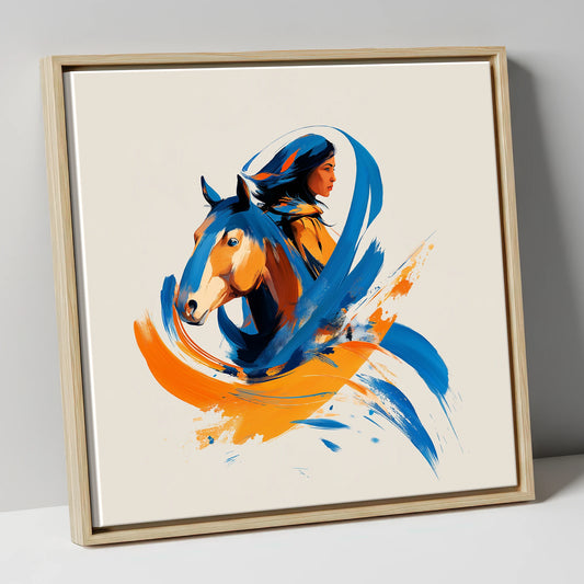 Spirits Entwined horse & rider canvas wall art in natural frame