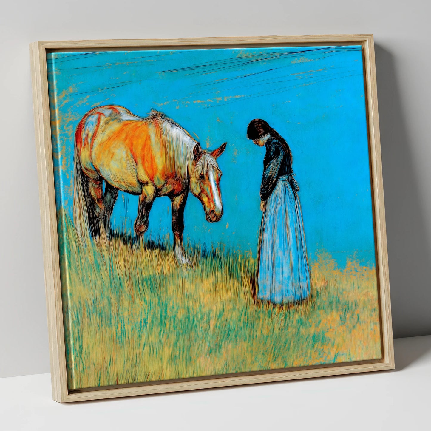Cerulean Bond horse & rider canvas wall art in natural frame