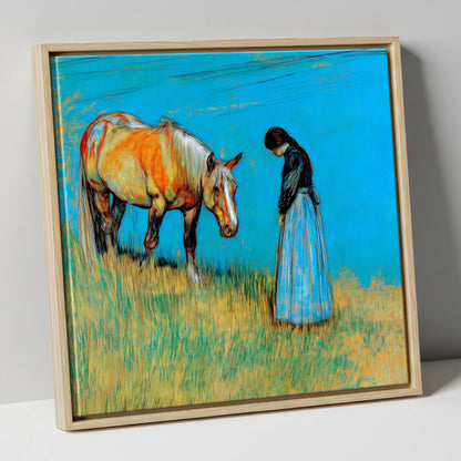 Cerulean Bond horse & rider canvas wall art in natural frame