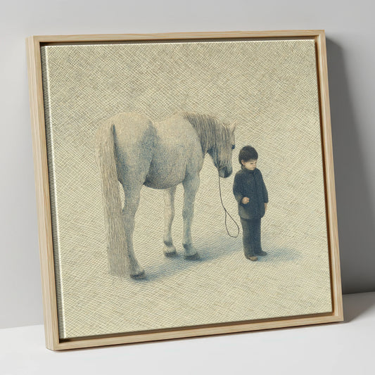Grey Horse and Boy with Lead horse & rider canvas wall art in natural frame
