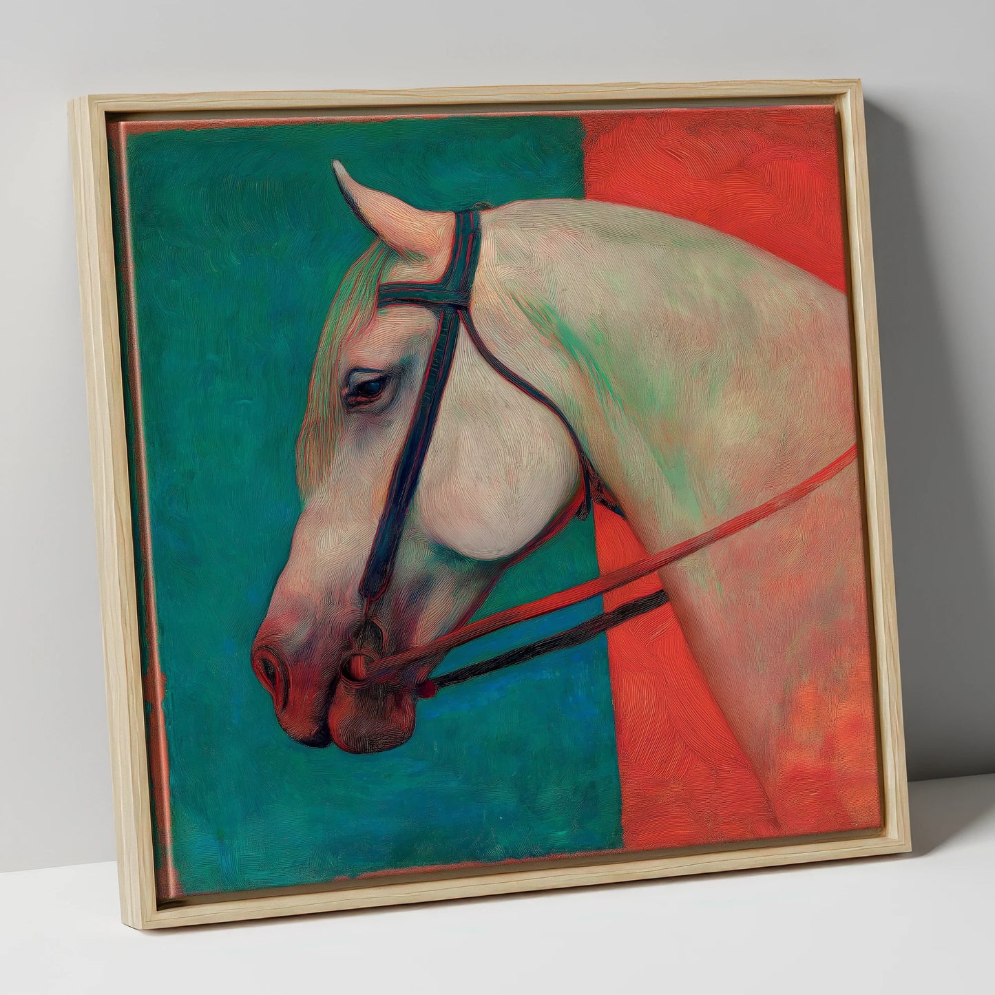 Crimson and Emerald Profile horse breed canvas wall art in natural frame