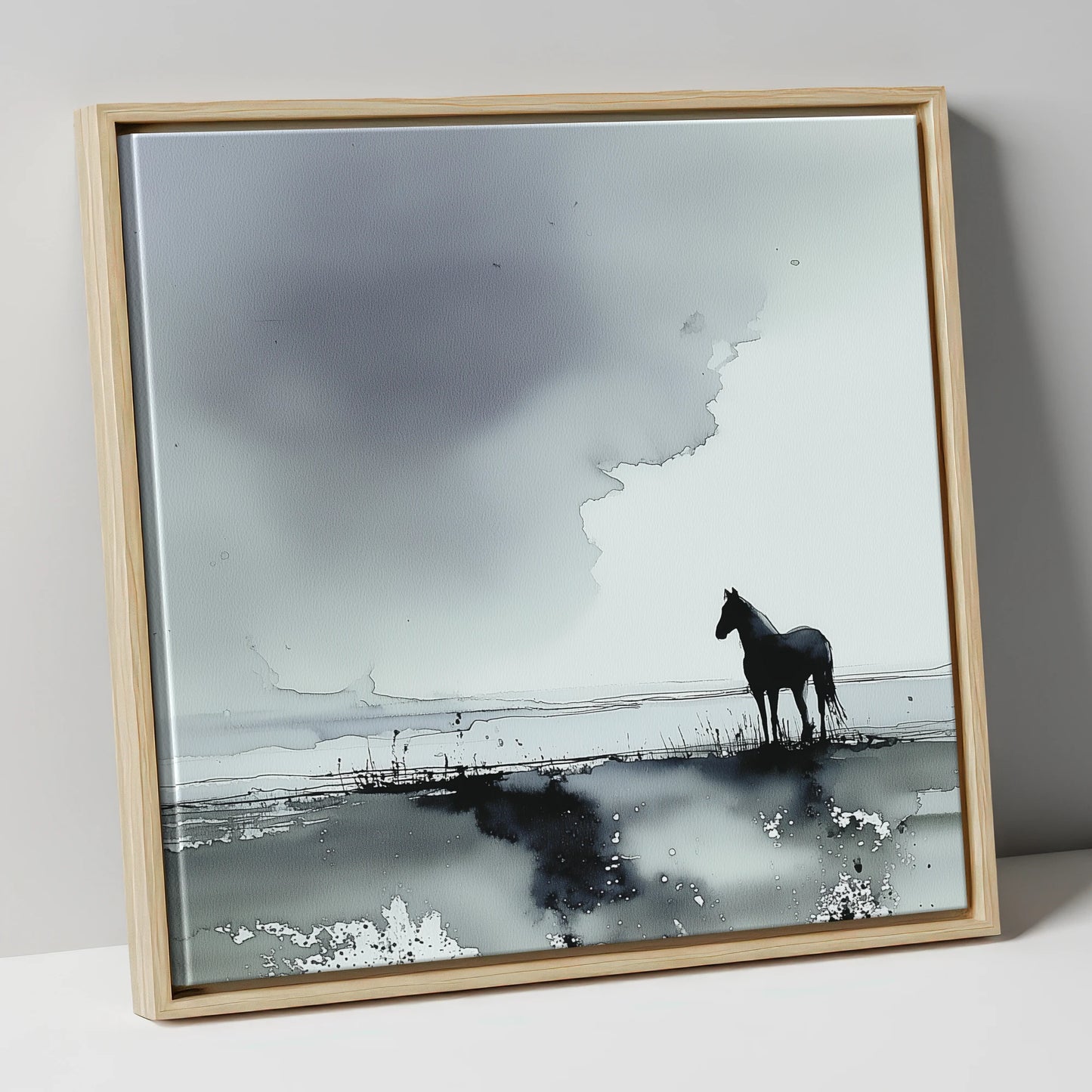 Quiet Grey Horizon horse landscape canvas wall art in natural frame