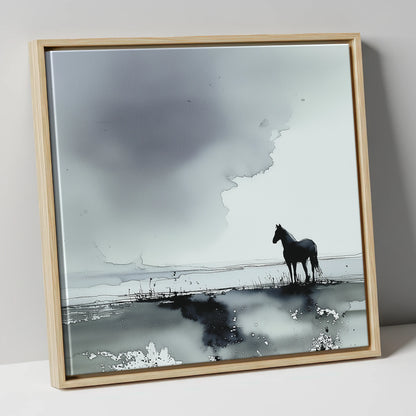 Quiet Grey Horizon horse landscape canvas wall art in natural frame