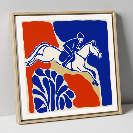 Cobalt Leap show jumping horse canvas wall art in natural frame