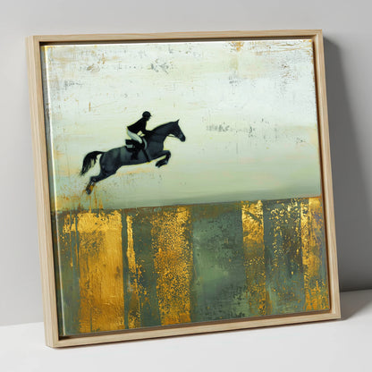 Flight Over Gold show jumping horse canvas wall art in natural frame