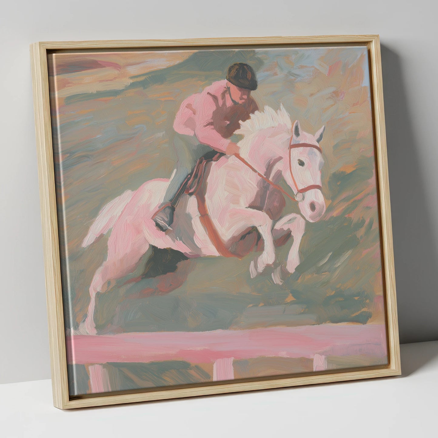 Airborne in Pastel show jumping horse canvas wall art in natural frame