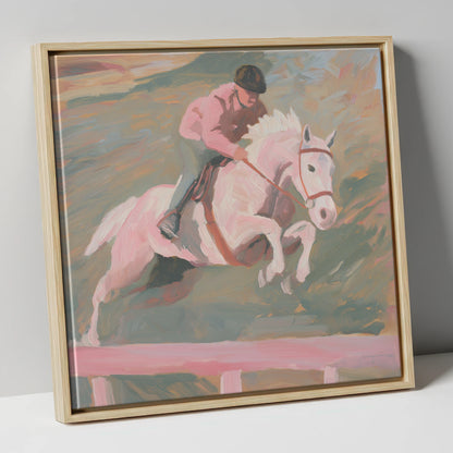 Airborne in Pastel show jumping horse canvas wall art in natural frame