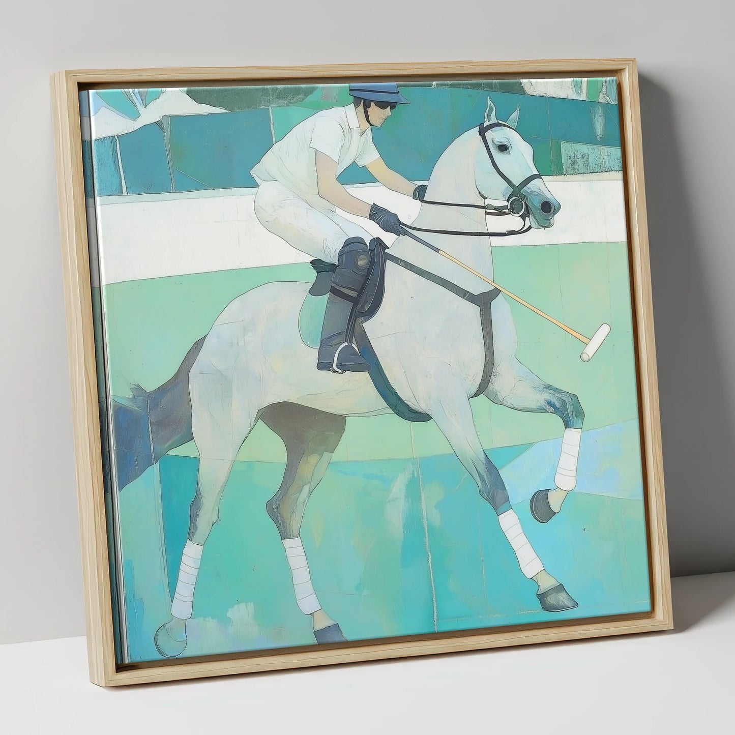 The Serene Chukka polo horse canvas wall art in natural frame
