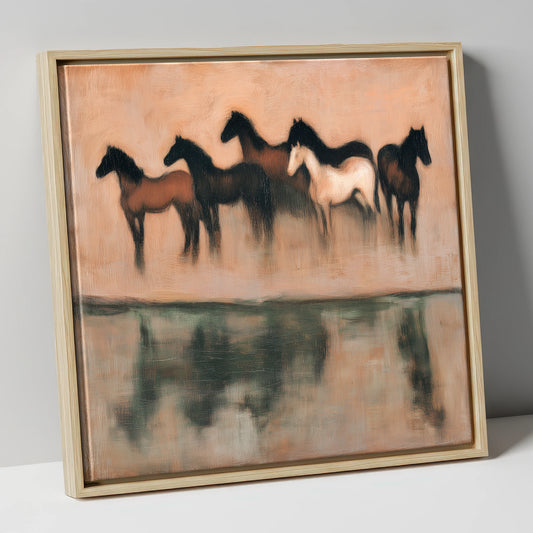 Shadows of the Herd wild horses canvas wall art in natural frame