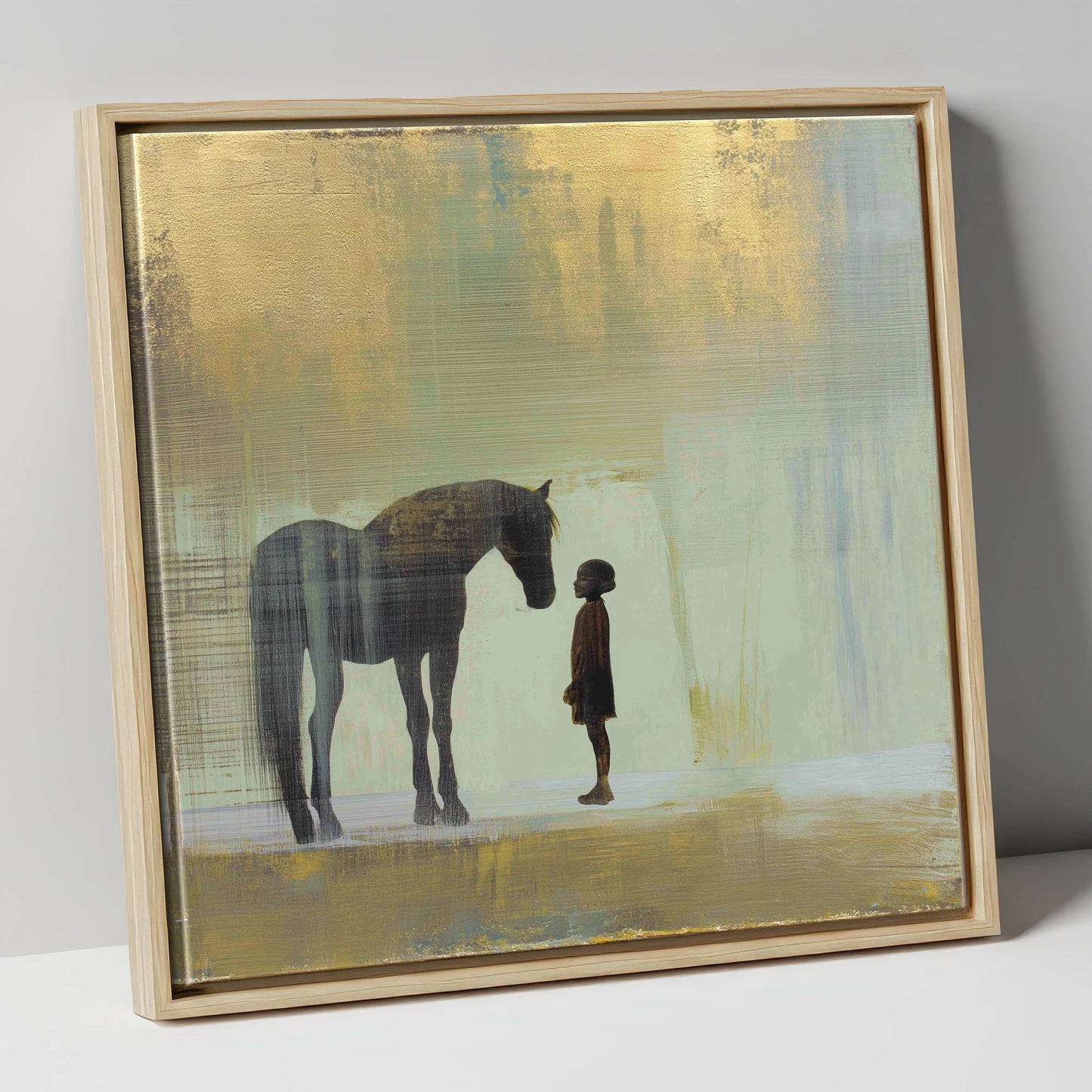 A Quiet Understanding horse & rider canvas wall art in natural frame