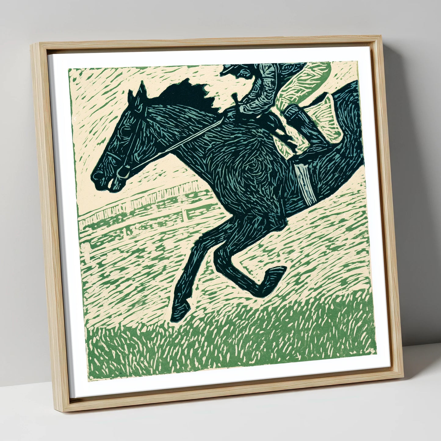 Thunder on the Turf racing horse canvas wall art in natural frame