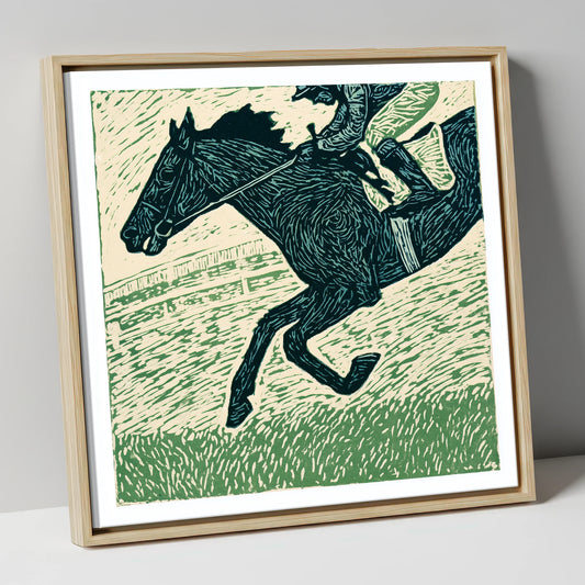 Thunder on the Turf racing horse canvas wall art in natural frame