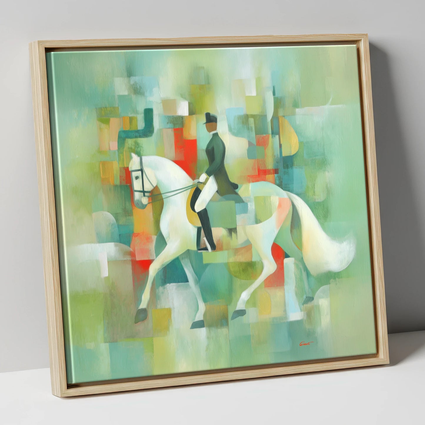 Modern Dressage Mosaic dressage horse canvas wall art in natural frame