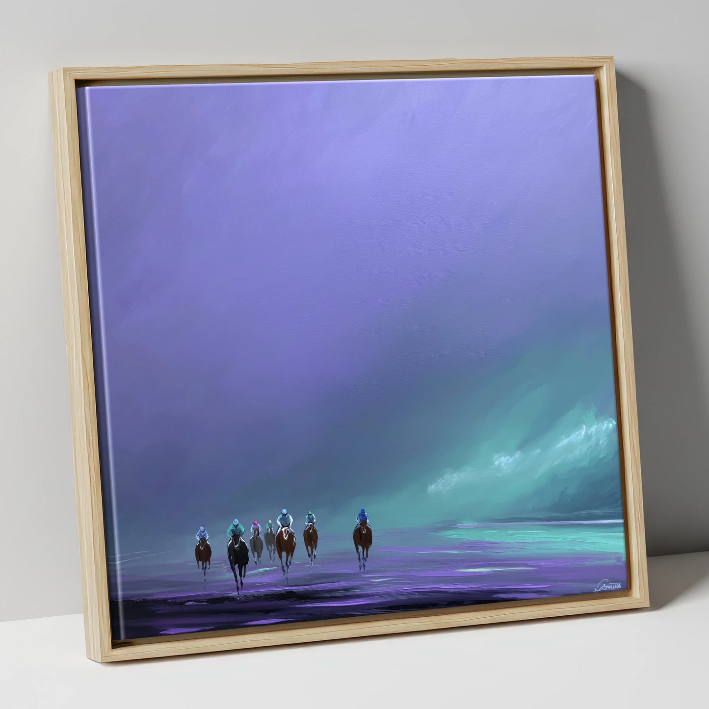 Violet Dawn Gallops racing horse canvas wall art in natural frame