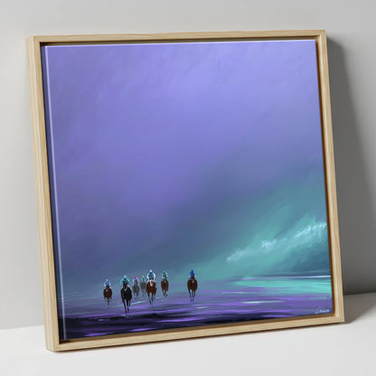 Violet Dawn Gallops racing horse canvas wall art in natural frame