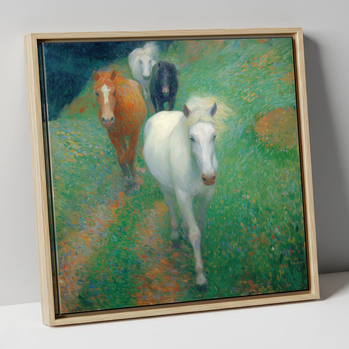Vibrant Summer Herd horse landscape canvas wall art in natural frame