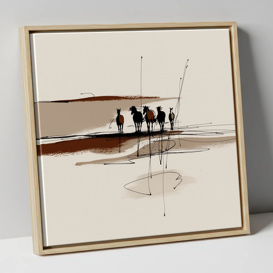 Abstract Herd Shadows wild horses canvas wall art in natural frame