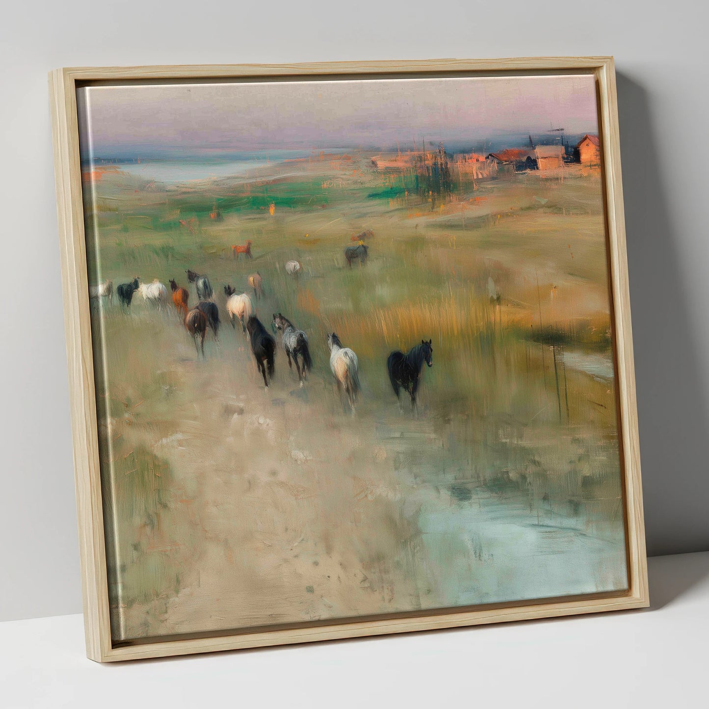 Roaming the Marshes wild horses canvas wall art in natural frame