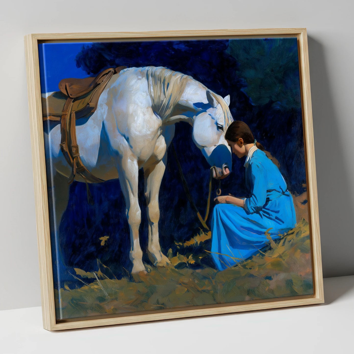 Bond in Blue and Gold horse & rider canvas wall art in natural frame