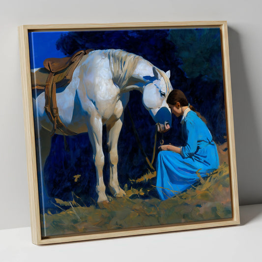 Bond in Blue and Gold horse & rider canvas wall art in natural frame