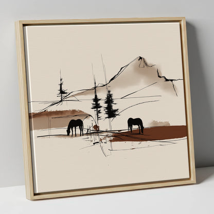 Mountain Pasture Silhouettes horse landscape canvas wall art in natural frame
