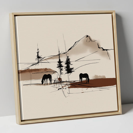 Ink Wash Mountain Horses horse landscape canvas wall art in natural frame