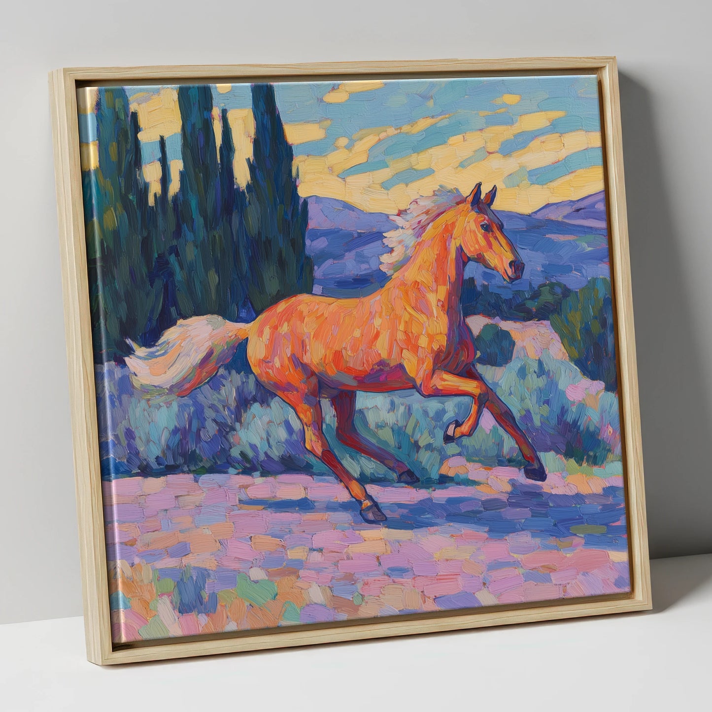 Vibrant Golden Canter horse breed canvas wall art in natural frame