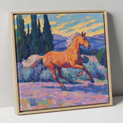 Vibrant Golden Canter horse breed canvas wall art in natural frame
