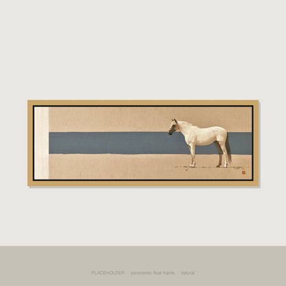Minimalist Horizon Horse Landscape panoramic canvas wall art in natural float frame